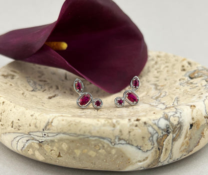 Ruby Ear Climber Stud Earrings: Rhodium Plated Sterling Silver
