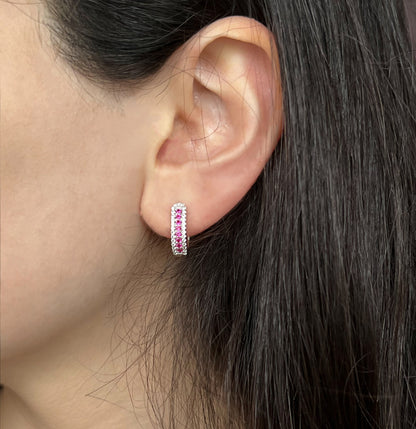 Ruby Huggie Earrings: Rhodium-Plated Sterling Silver, Small Hoop Earrings