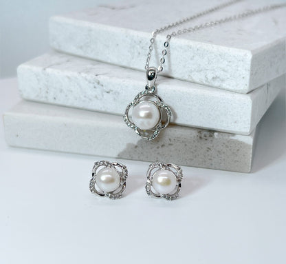 Moissanite Freshwater Pearl Necklace: Sterling Silver Floral Pendant