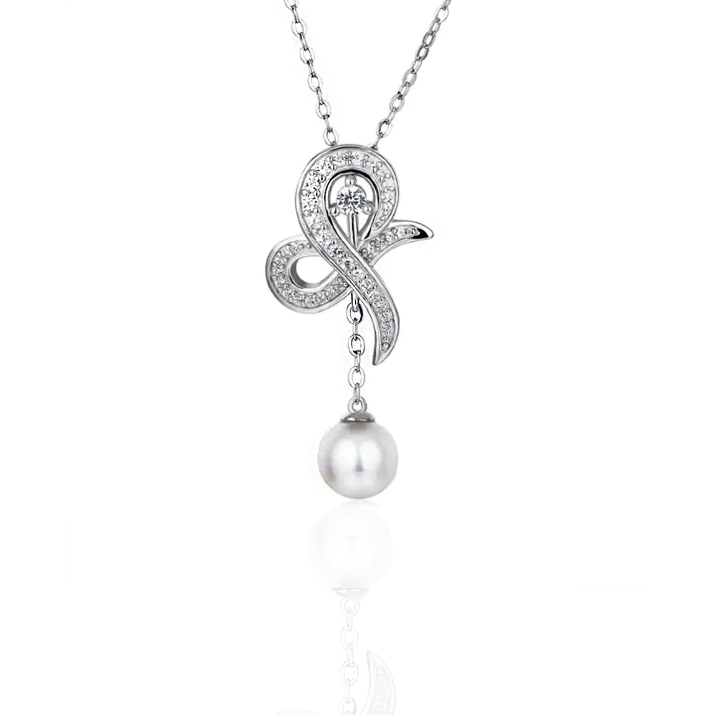 Moissanite Bow Necklace: Sterling Silver Pearl Dangle Bridal Pendant
