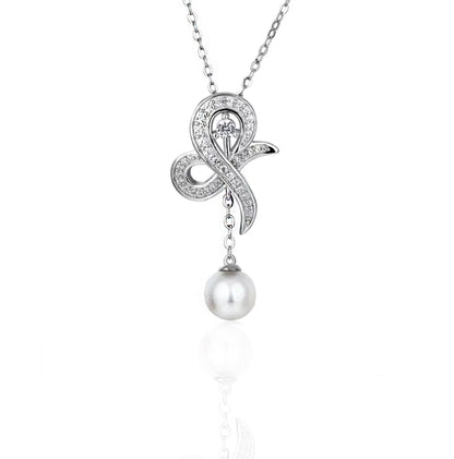 Moissanite Bow Necklace: Sterling Silver Pearl Dangle Bridal Pendant