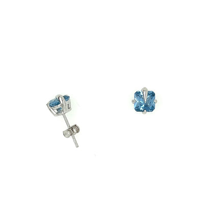 Blue Spinel Stud Earrings: Rhodium Sterling Silver, 6mm Cushion Cut