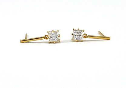 Moissanite Bar Stud Earrings: 1Ct Princess Cut, 14K Gold Plated Silver