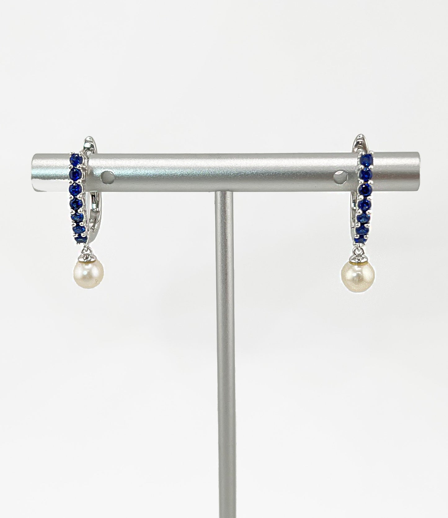 Blue Sapphire Pearl Huggie Earrings, Rhodium Sterling Silver Hoops