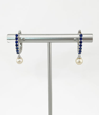 Blue Sapphire Pearl Huggie Earrings, Rhodium Sterling Silver Hoops