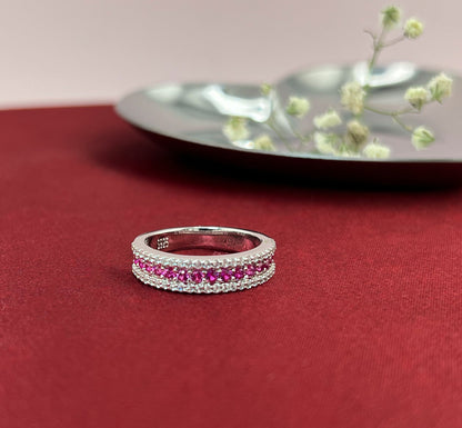 Rhodium-Plated Sterling Silver Ruby Ring: Half Eternity Stackable Band