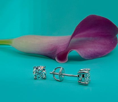 Certified Moissanite Stud Earrings – Unisex Round Solitaire Earrings in Rhodium Plated Sterling Silver, Diamond Alternative 4-Prong Studs