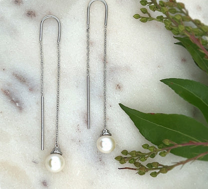 Cultured Freshwater Pearl Threader Earrings in Sterling Silver | White Sapphire and Pearl Dangle Earrings | Bridal Jewelry