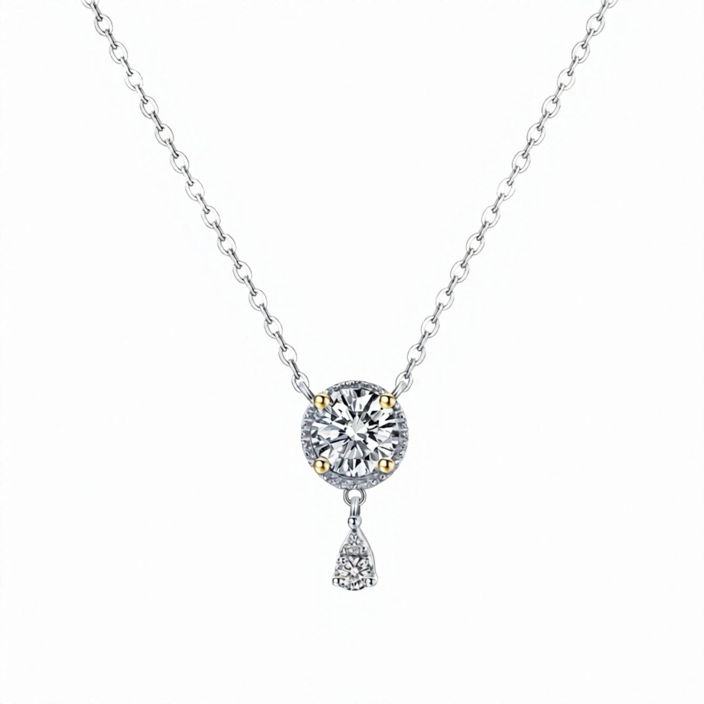 1.0Ct Certified VVS1 Moissanite Necklace: Two Tone Halo Drop, Sterling Silver