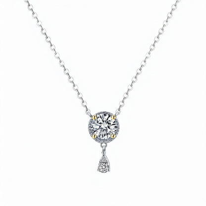 1.0Ct Certified VVS1 Moissanite Necklace: Two Tone Halo Drop, Sterling Silver