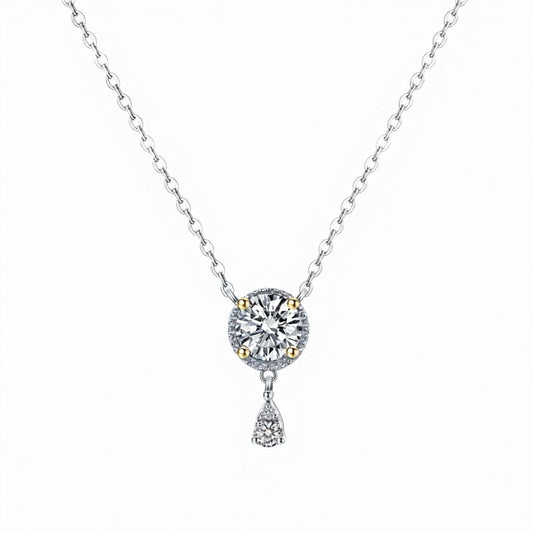 1.0Ct Certified VVS1 Moissanite Necklace: Two Tone Halo Drop, Sterling Silver