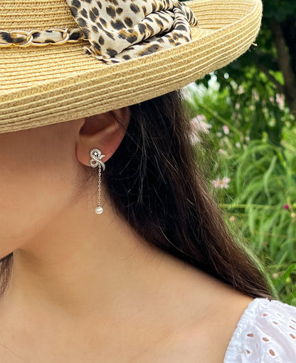 Moissanite Pearl Dangle Earrings: Sterling Silver Bridal Jewelry