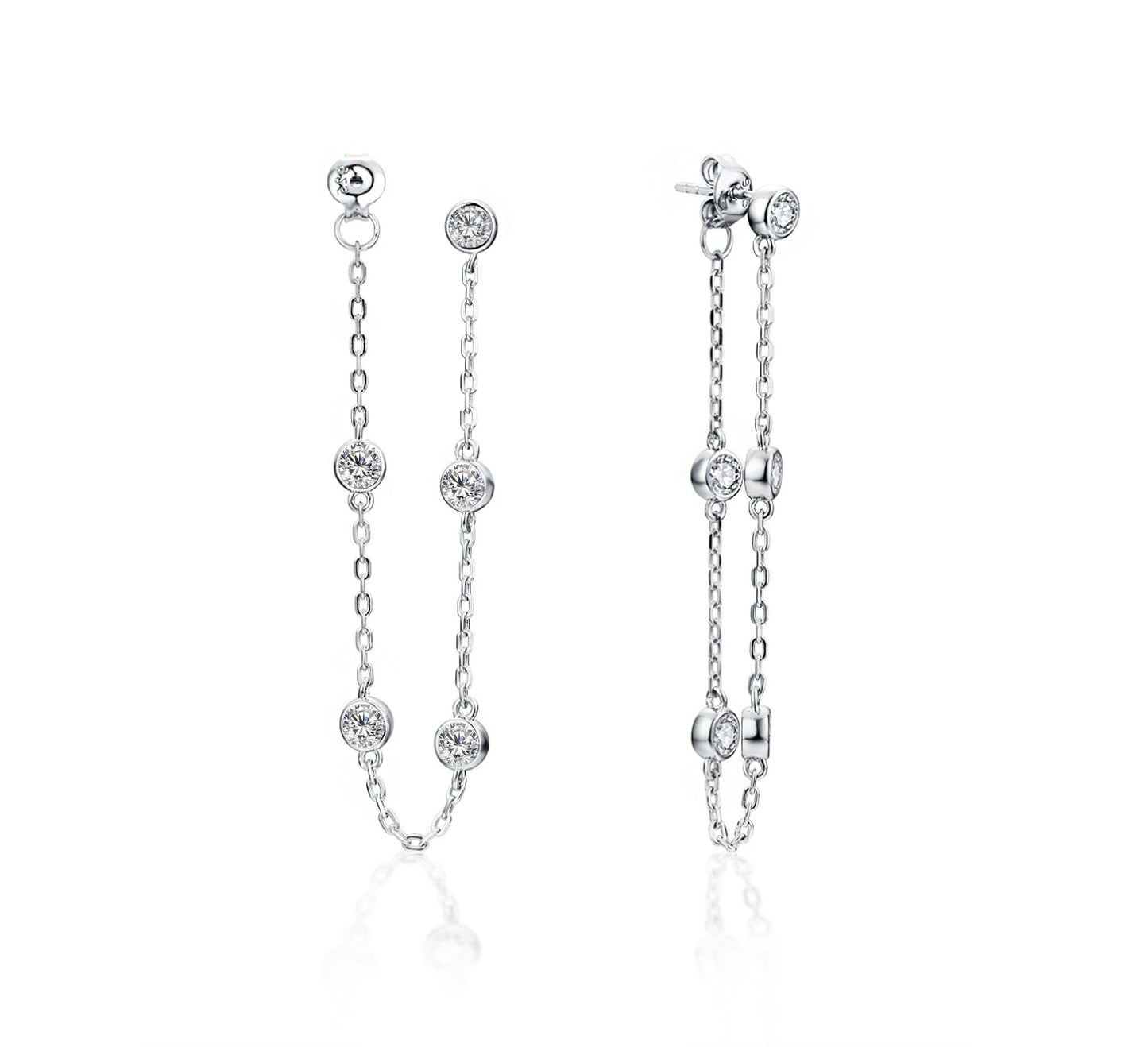 Moissanite Threader Earrings: Rhodium Plated Sterling Silver Chain Drop Earrings