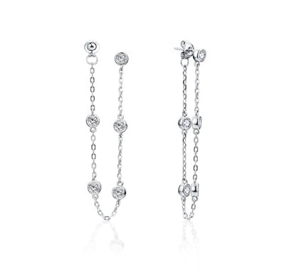 Moissanite Threader Earrings: Rhodium Plated Sterling Silver Chain Drop Earrings