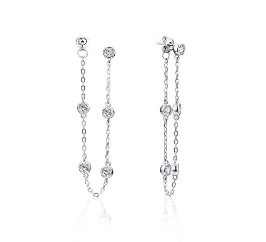 Moissanite Threader Earrings: Rhodium Plated Sterling Silver Chain Drop Earrings