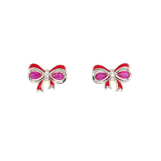 Sterling Silver Ruby Bow Earrings: Pear Cut Gemstone Studs