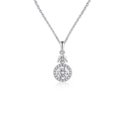 1.5CTW VVS1 Moissanite Halo Necklace: Rhodium Plated Sterling Silver Pendant