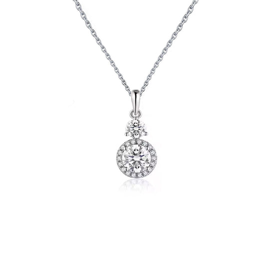1.5CTW VVS1 Moissanite Halo Necklace: Rhodium Plated Sterling Silver Pendant