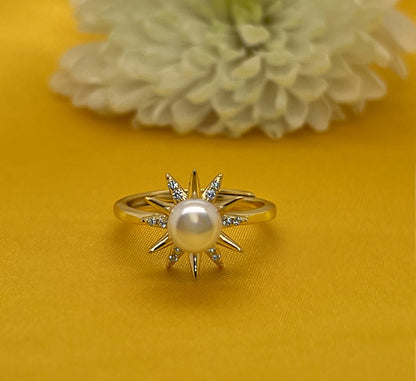 Freshwater Pearl Ring: Yellow Gold Plated Sterling Silver CZ Starburst, Adjustable