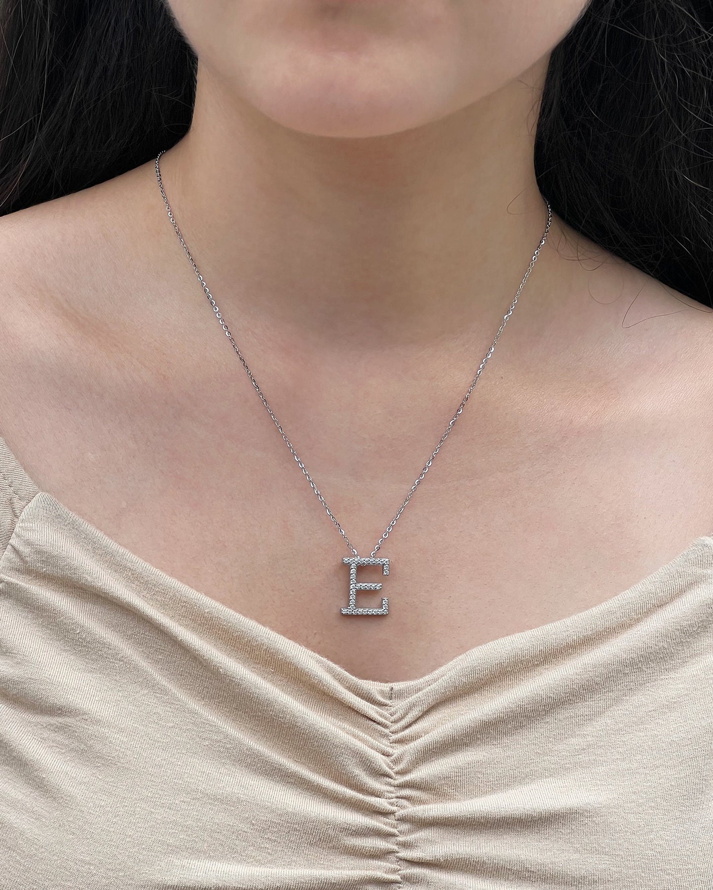 Moissanite Initial Necklace: Rhodium Plated Sterling Silver Letter Pendant