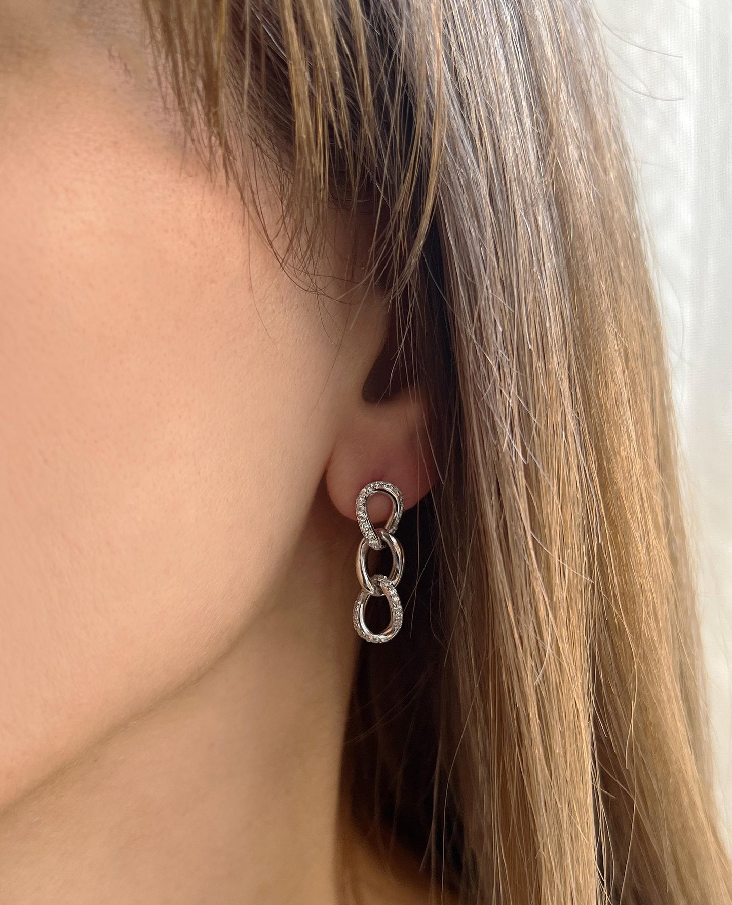 Moissanite Chain Link Earrings: Rhodium Plated Sterling Silver Dangle
