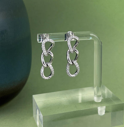 Moissanite Chain Link Earrings: Rhodium Plated Sterling Silver Dangle