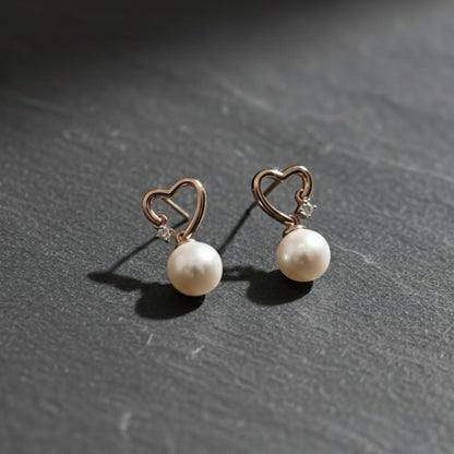 Moissanite Pearl Heart Earrings: 14K Rose Gold Plated Sterling Silver