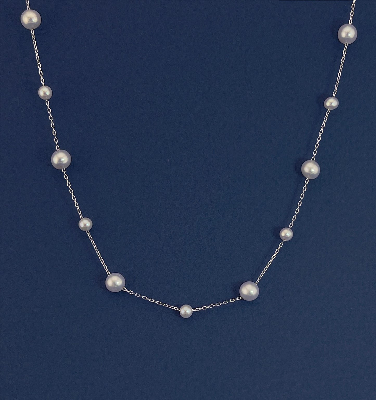 Pearls by the Yard Necklace: Freshwater Pearl Station Necklace in Rhodium Plated Sterling Silver | Adjustable 16-18'' | Bridal Necklace
