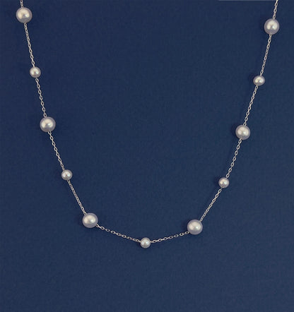 Pearls by the Yard Necklace: Freshwater Pearl Station Necklace in Rhodium Plated Sterling Silver | Adjustable 16-18'' | Bridal Necklace