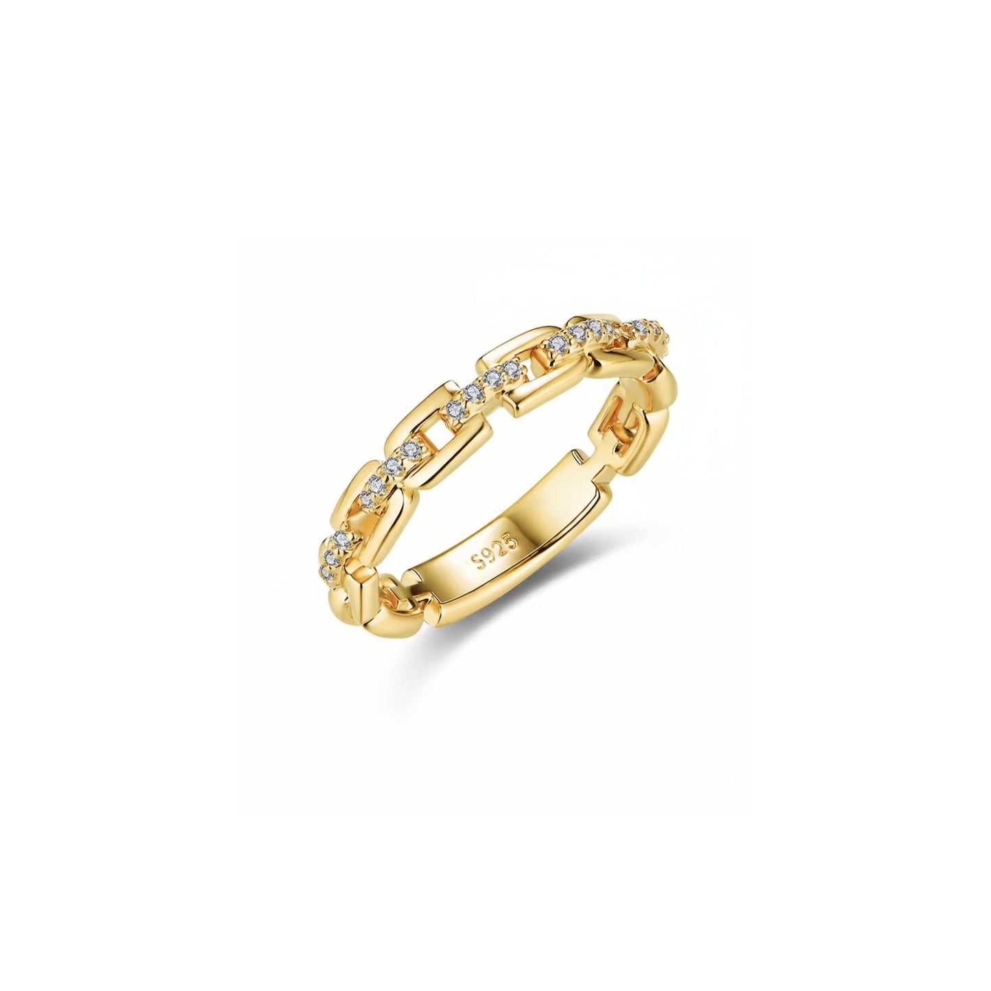Moissanite Chain Link Ring: 18K Gold Plated Sterling Silver
