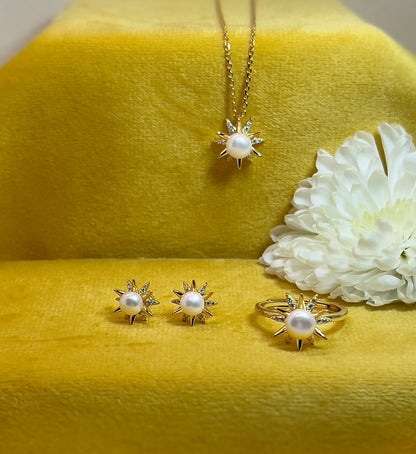 Freshwater Pearl Ring: Yellow Gold Plated Sterling Silver CZ Starburst, Adjustable