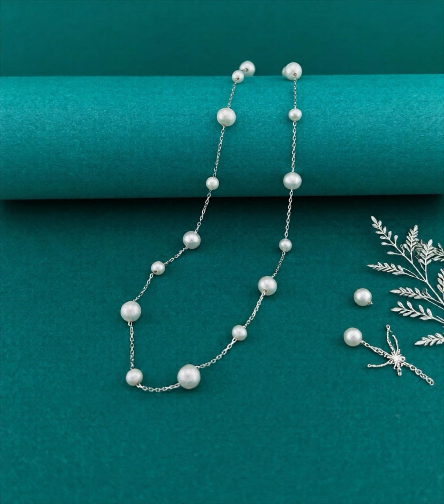 Pearls by the Yard Necklace: Freshwater Pearl Station Necklace in Rhodium Plated Sterling Silver | Adjustable 16-18'' | Bridal Necklace