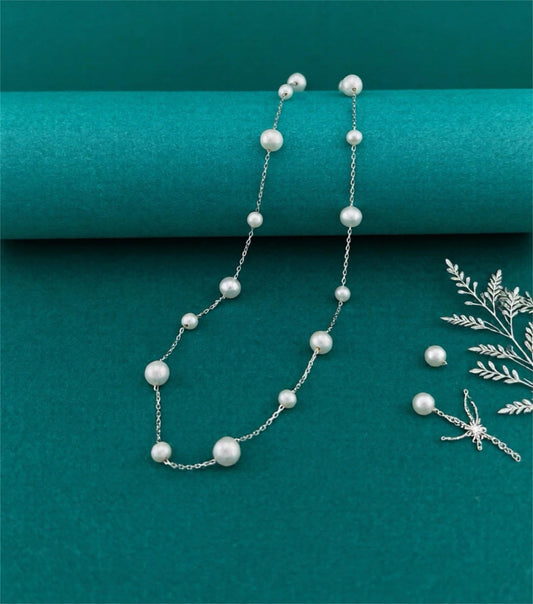 Pearls by the Yard Necklace: Freshwater Pearl Station Necklace in Rhodium Plated Sterling Silver | Adjustable 16-18'' | Bridal Necklace