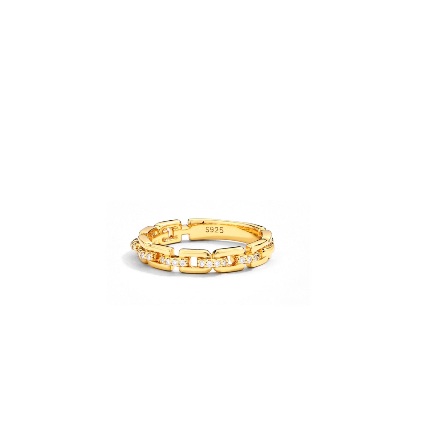 Moissanite Chain Link Ring: 18K Gold Plated Sterling Silver