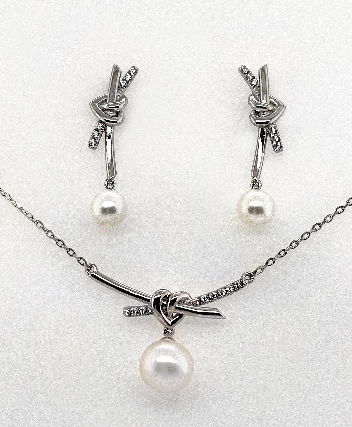 Love Knot Pearl Necklace: Rhodium Sterling Silver Heart Pendant