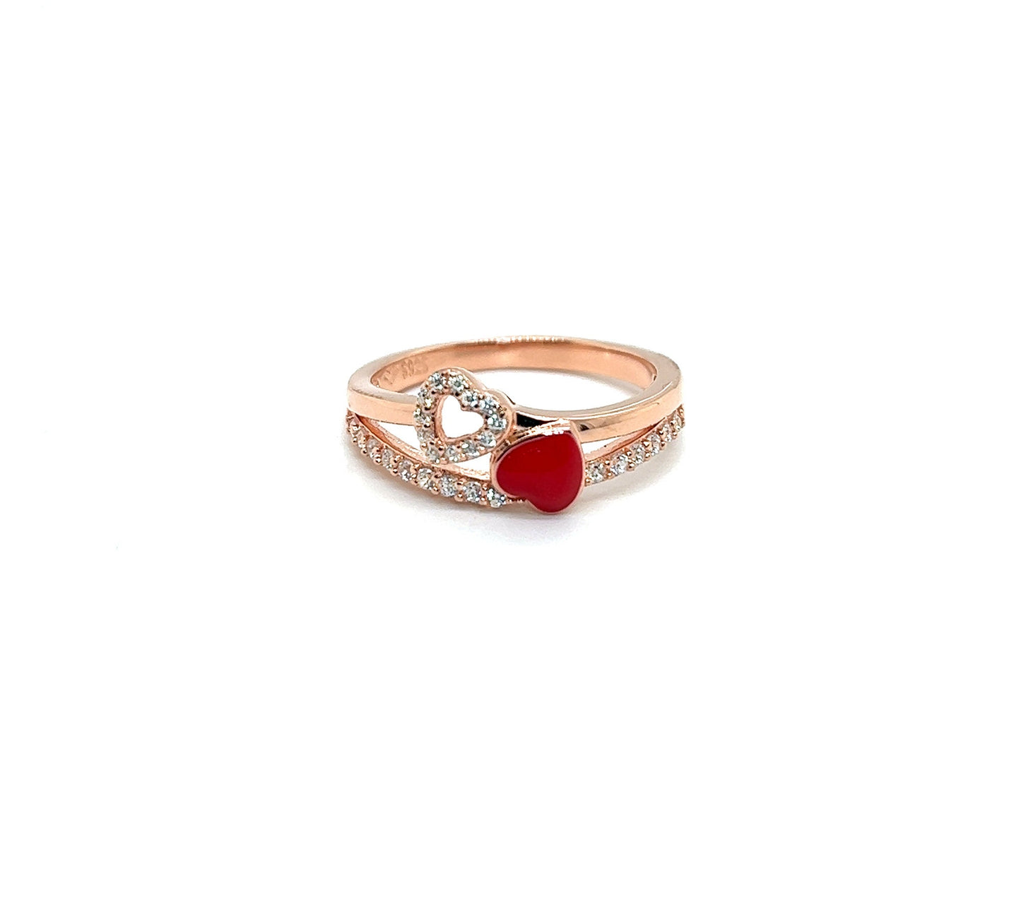 Rose Gold Double Heart Ring: Red Enamel CZ, Sterling Silver Size 7