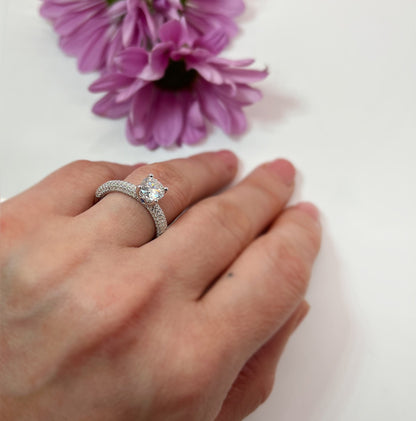 1 Ct VVS1 Moissanite Engagement Ring: Rhodium Plated Sterling Silver Pavé Band