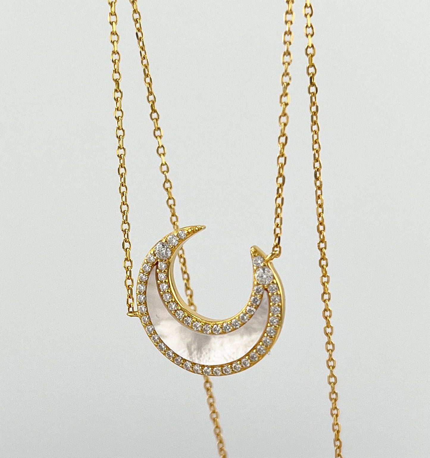 Moissanite Crescent Moon Necklace: 14K Gold Plated Sterling Silver, Mother-of-Pearl Pendant