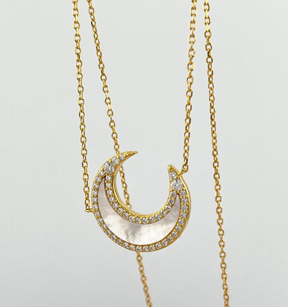 Moissanite Crescent Moon Necklace: 14K Gold Plated Sterling Silver, Mother-of-Pearl Pendant