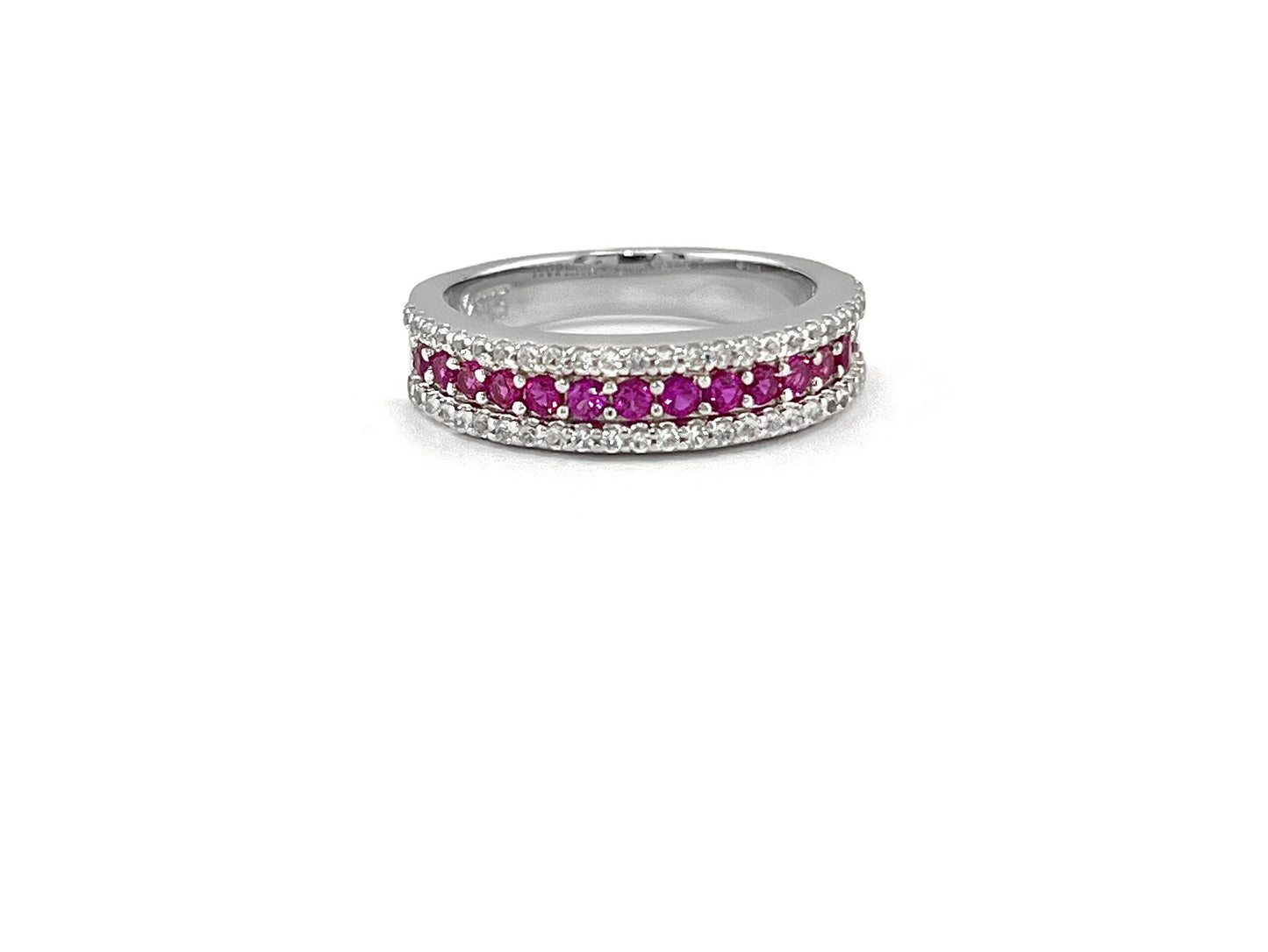 Rhodium-Plated Sterling Silver Ruby Ring: Half Eternity Stackable Band