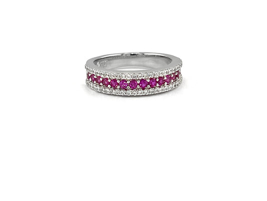 Rhodium-Plated Sterling Silver Ruby Ring: Half Eternity Stackable Band