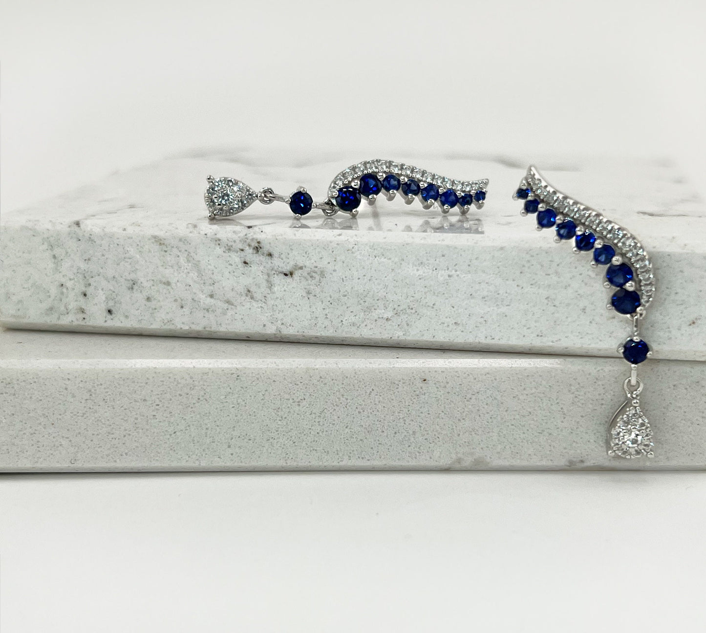 Blue Sapphire Earrings in Rhodium Plated Sterling Silver, Leaf Climber Earrings, Sapphire Bridal Earrings,ar Climber Floral Earring for Her