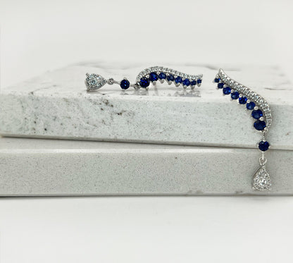 Blue Sapphire Earrings in Rhodium Plated Sterling Silver, Leaf Climber Earrings, Sapphire Bridal Earrings,ar Climber Floral Earring for Her