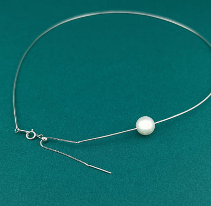 Floating Pearl Necklace: Rhodium Plated Sterling Silver Wire, Minimalist Jewelry