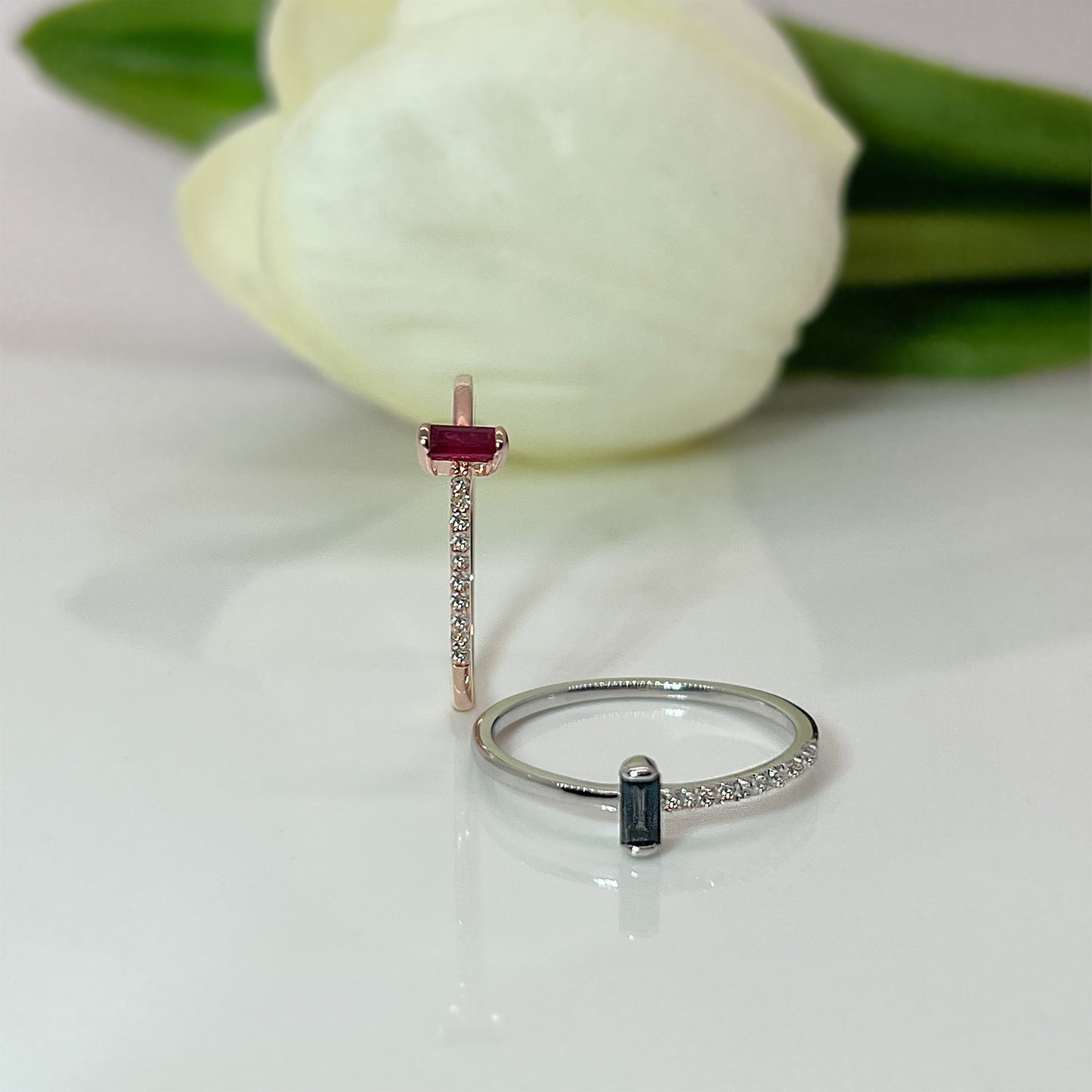 Ruby or Sapphire Baguette Ring: Diamond 14K Gold Plated Sterling Silver