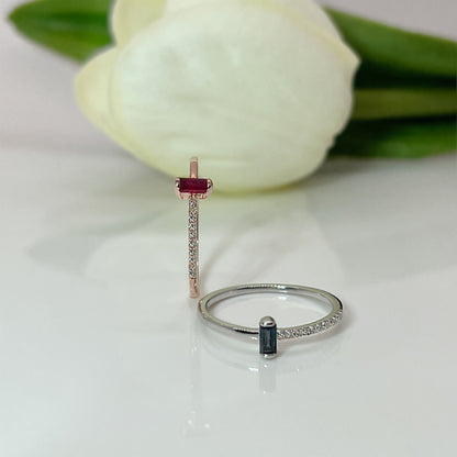 Ruby or Sapphire Baguette Ring: Diamond 14K Gold Plated Sterling Silver