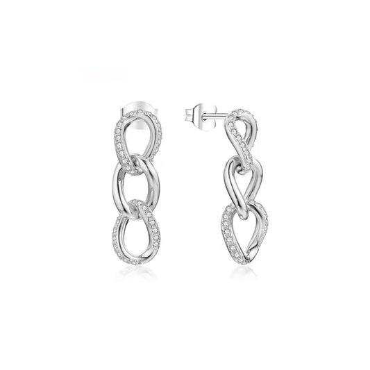 Moissanite Chain Link Earrings: Rhodium Plated Sterling Silver Dangle
