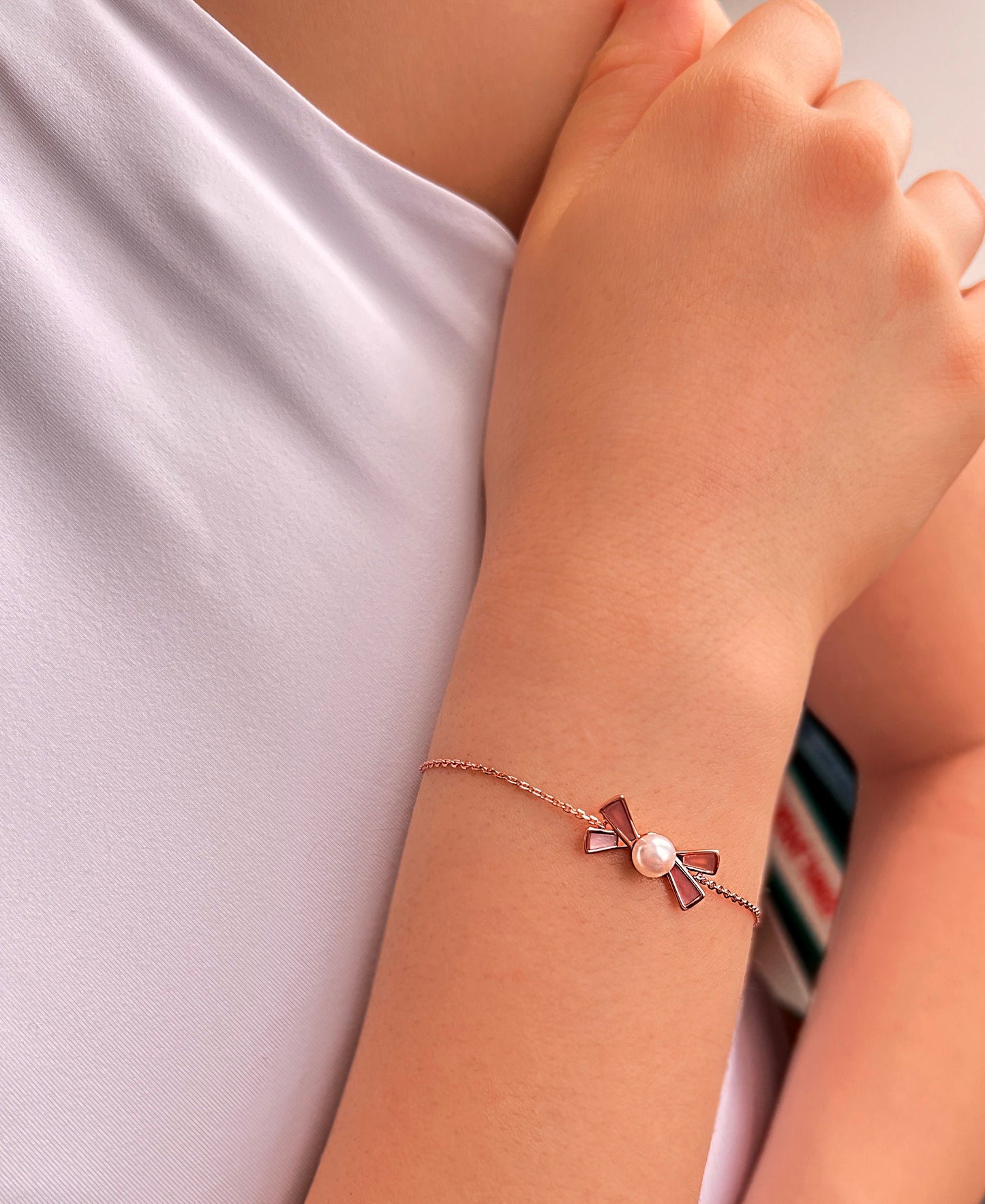 Rose Gold Bow Pearl Bracelet: Sterling Silver, Mother-of-Pearl Charm