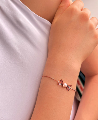 Rose Gold Bow Pearl Bracelet: Sterling Silver, Mother-of-Pearl Charm