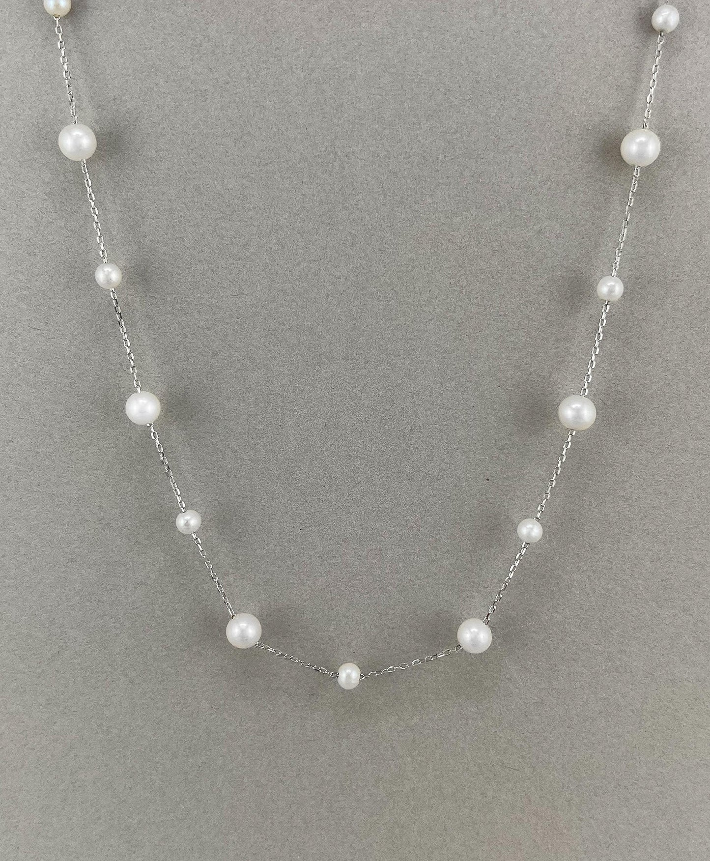 Pearls by the Yard Necklace: Freshwater Pearl Station Necklace in Rhodium Plated Sterling Silver | Adjustable 16-18'' | Bridal Necklace